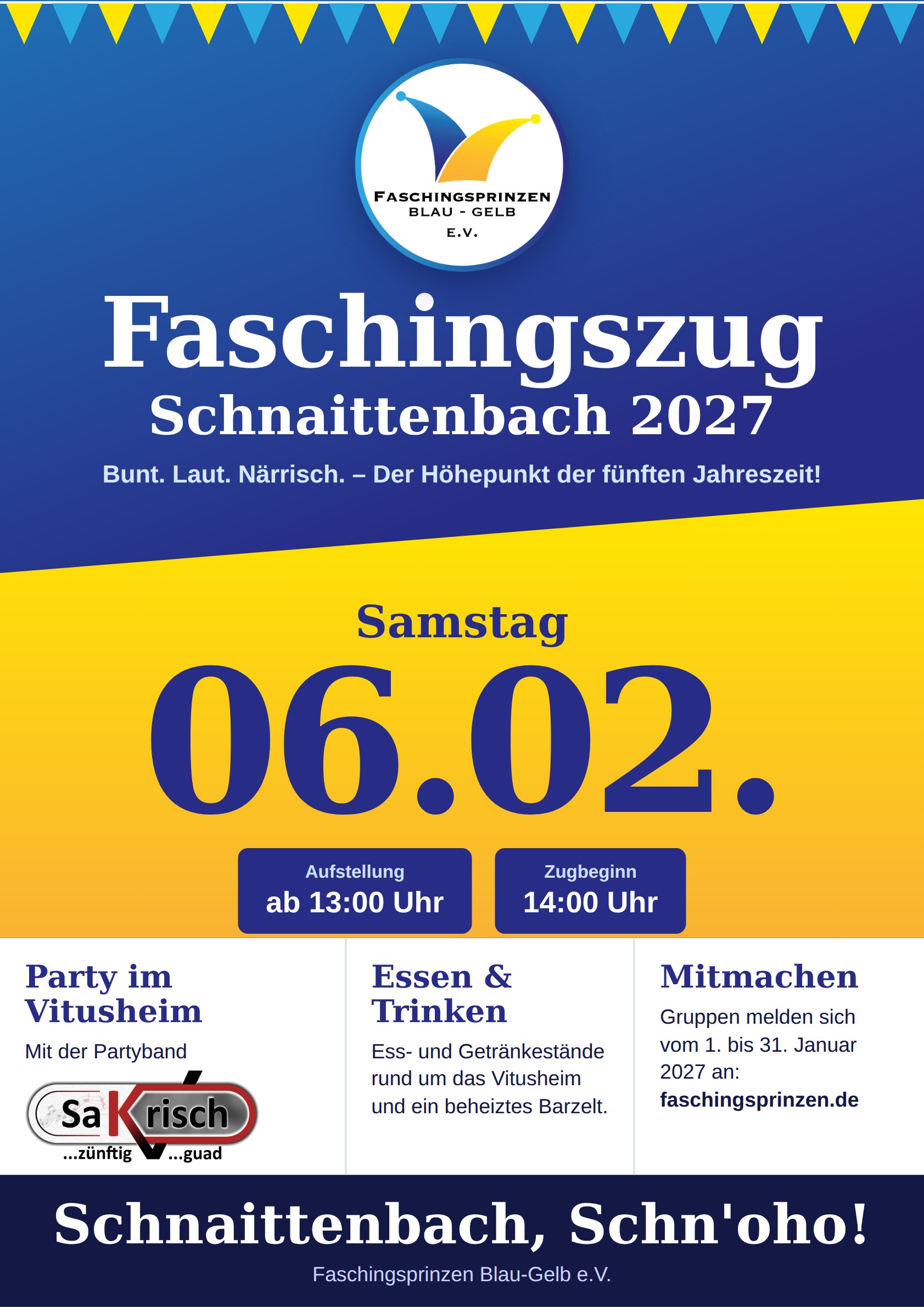 Plakat zum Faschingszug Schnaittenbach am Samstag, 6. Februar 2027: Aufstellung ab 13:00 Uhr, Zugbeginn 14:00 Uhr, Party im Vitusheim mit der Partyband SaKrisch